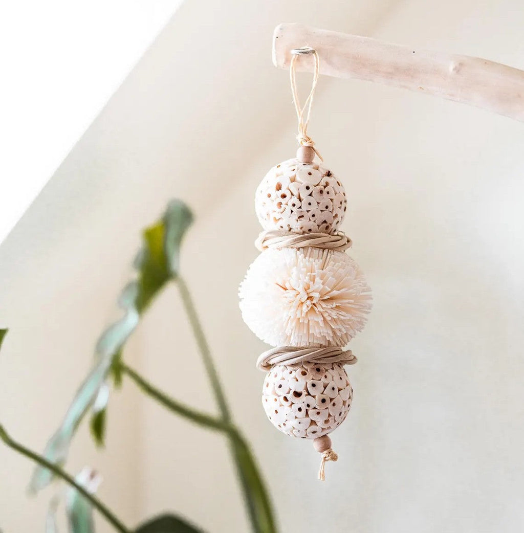 Triple Stack Natural Sphere & Fluff Ball Hanging Bird Play Toy