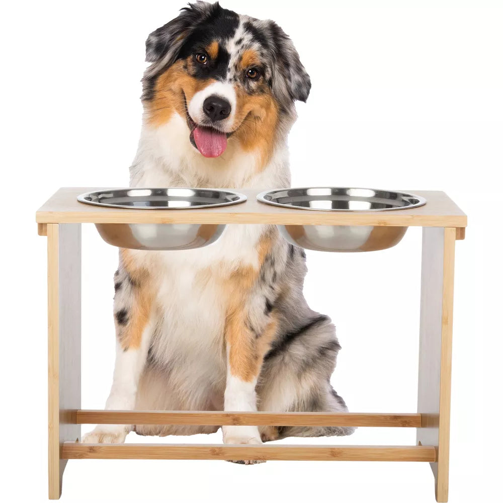 Natural Bamboo Elevated Double Dog Feeder with 60oz Stainless Steel Bowls