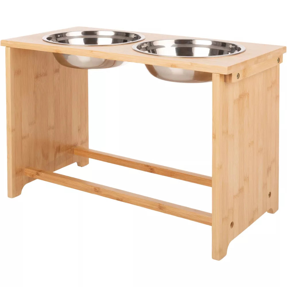 Natural Bamboo Elevated Double Dog Feeder with 60oz Stainless Steel Bowls