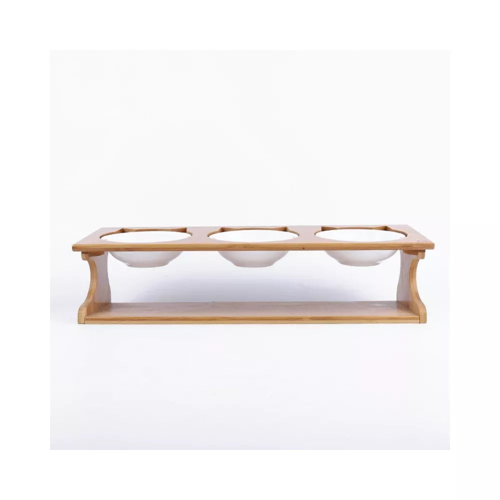 Natural Bamboo Elevated Triple Bowl Pet Feeder with Ceramic Bowls