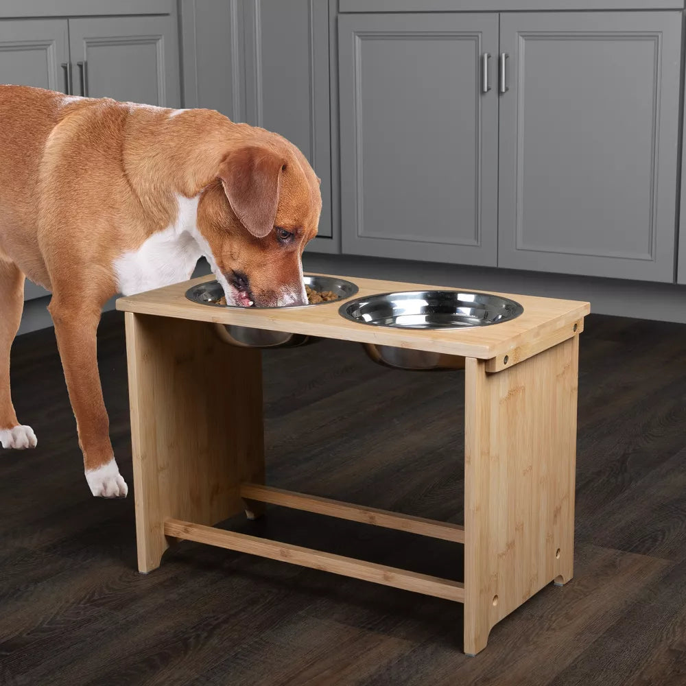 Natural Bamboo Elevated Double Dog Feeder with 60oz Stainless Steel Bowls