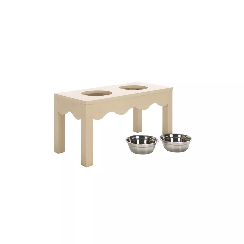 Natural Wood Double Elevated Pet Feeder with Removable Stainless Steel Bowls