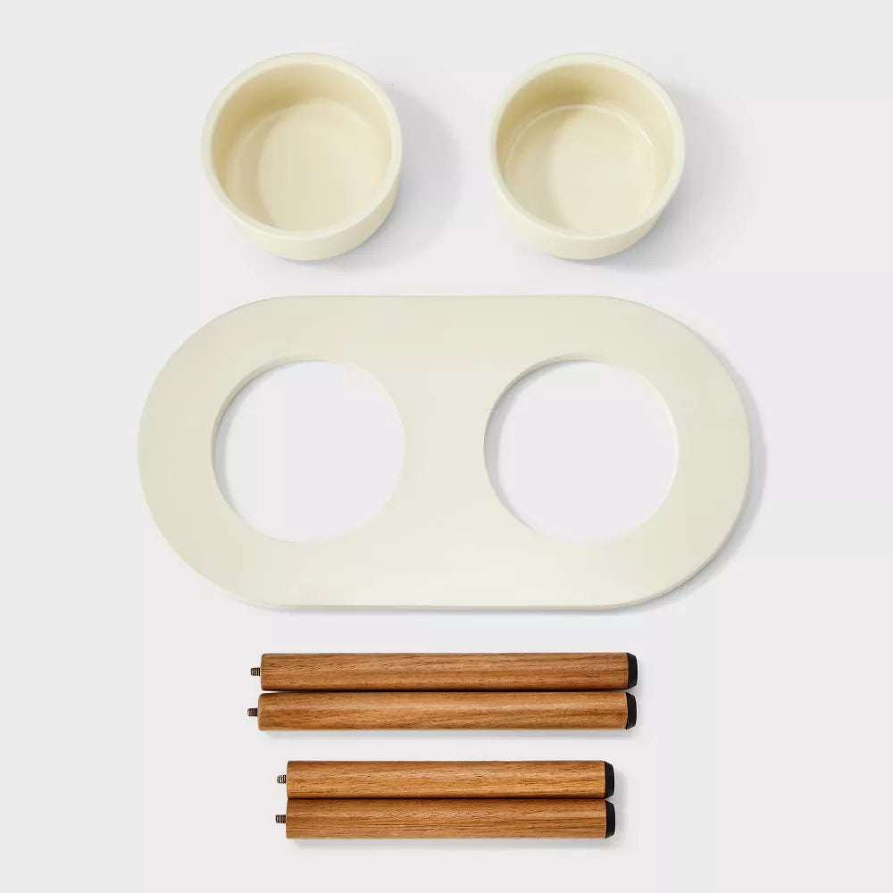 White Collapsible Elevated Dual Pet Feeder with Ceramic Bowls