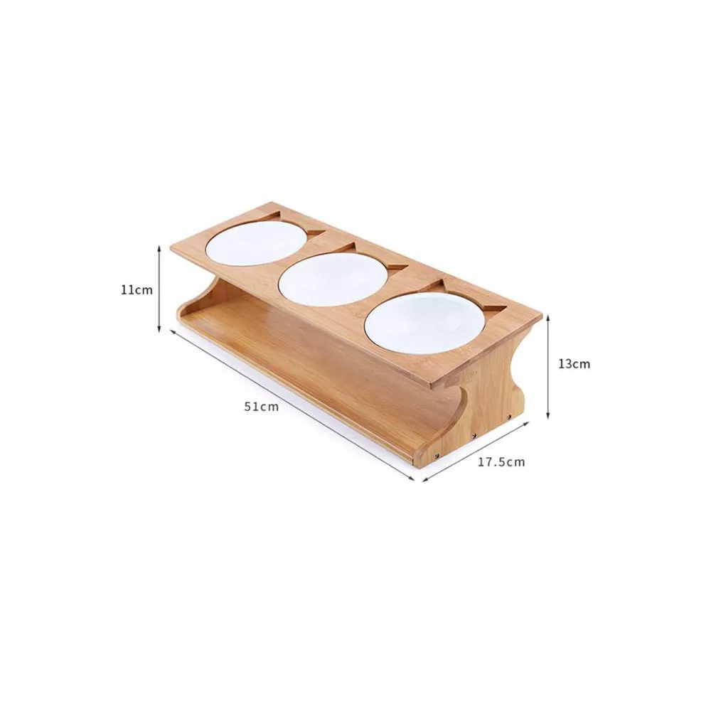 Natural Bamboo Elevated Triple Bowl Pet Feeder with Ceramic Bowls