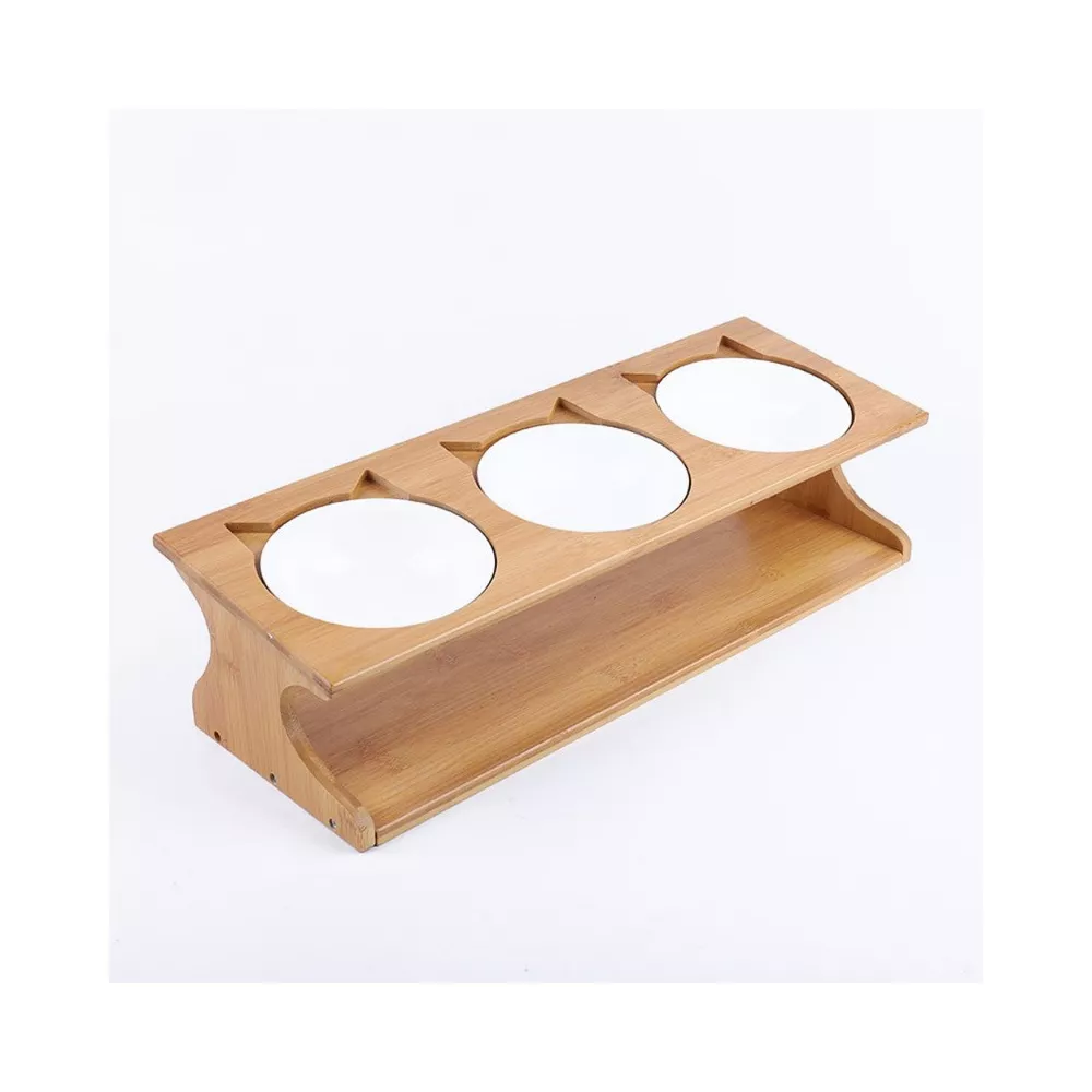 Natural Bamboo Elevated Triple Bowl Pet Feeder with Ceramic Bowls