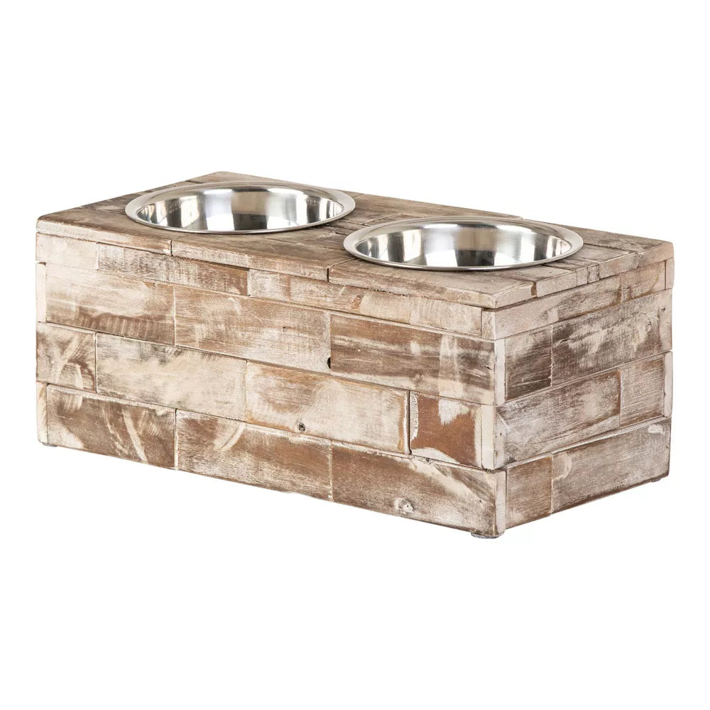 Vintage Reclaimed Wood Large Elevated Double Bowl Pet Feeder