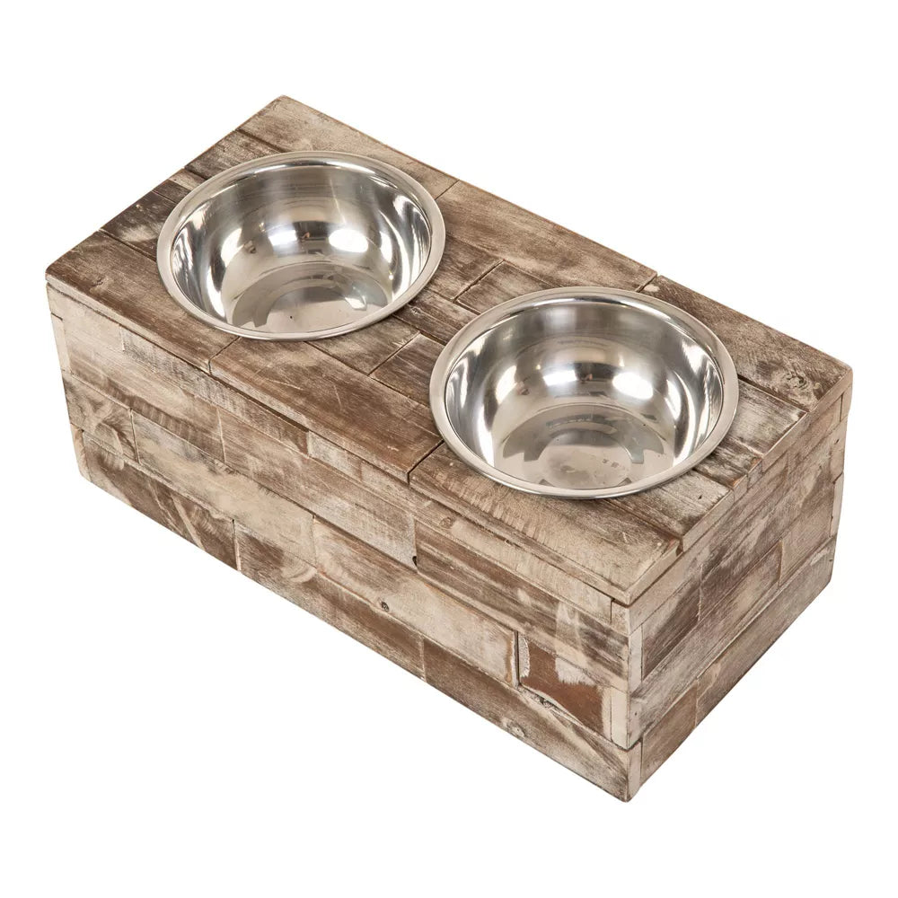 Vintage Reclaimed Wood Large Elevated Double Bowl Pet Feeder