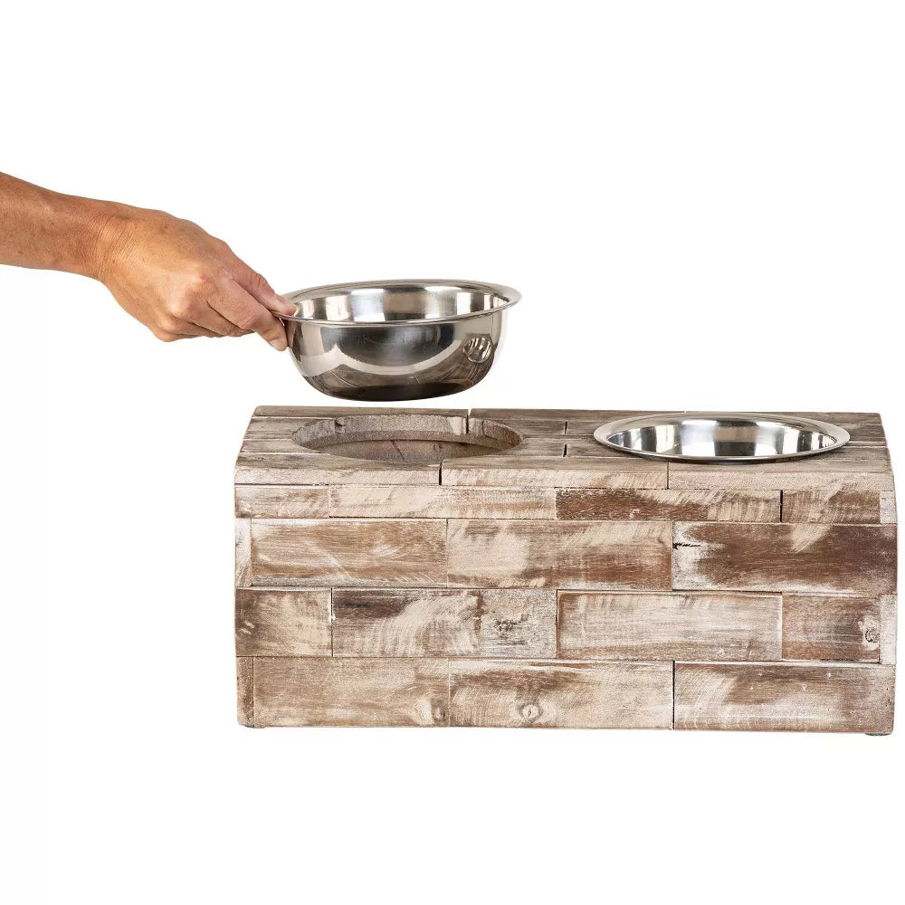 Vintage Reclaimed Wood Large Elevated Double Bowl Pet Feeder