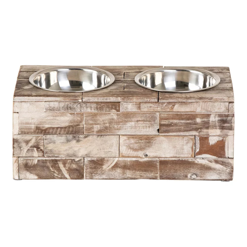 Vintage Reclaimed Wood Large Elevated Double Bowl Pet Feeder