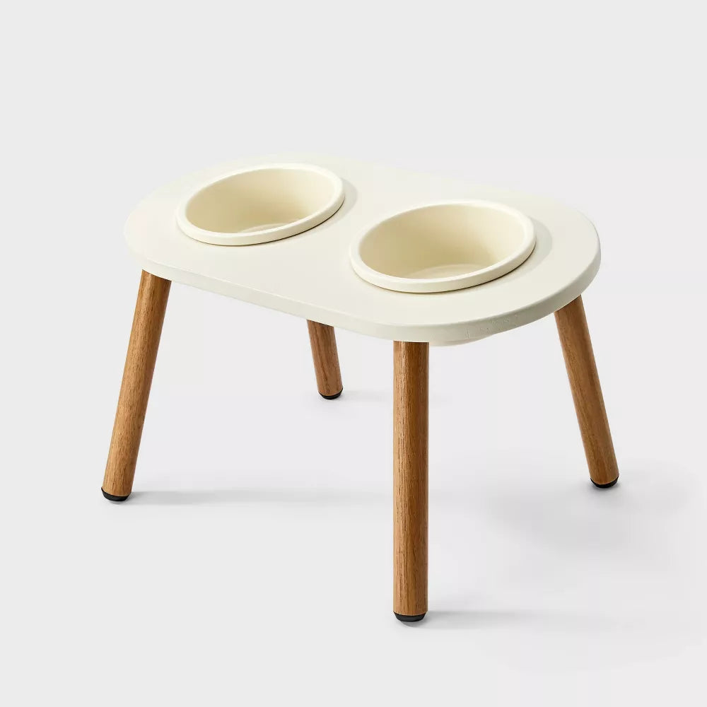 White Collapsible Elevated Dual Pet Feeder with Ceramic Bowls